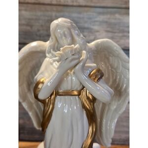 Ceramic Angel Figurine with Gold Accents Ivory Porcelain Music Box Relgious Art